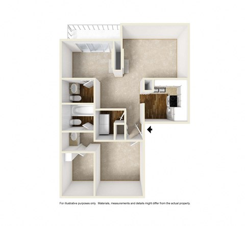 Floor plan for 1 bed, 1 bath, 897 sqft